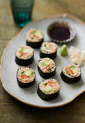 A photo of Quinoa Salmon and Avocado Sushi